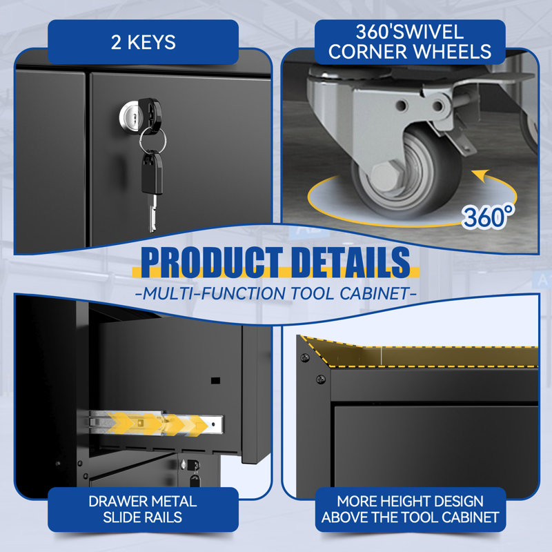 2 Door + 1 Drawer Tool Cabinets For Garage, Lockable Garage Storage Cabinet, Locking Metal Storage Cabinet With Wheels, Rolling Tool Chest