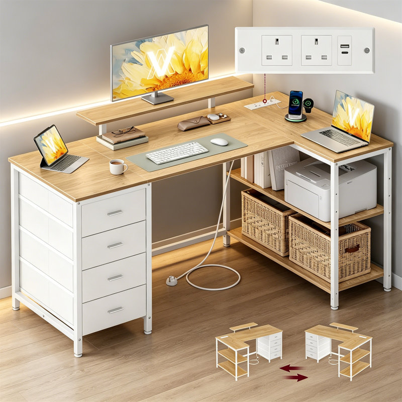 L-Shaped Metal Base Computer Desk, Natural Oak