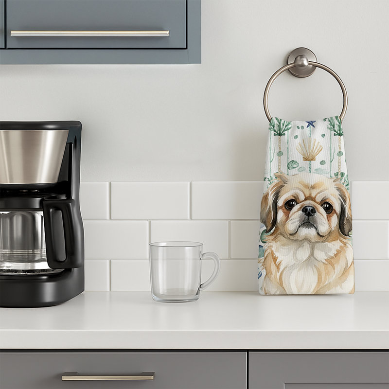 Fawn Pekingese Coastal Sea Glass Kitchen Towel, Fawn Pekingese