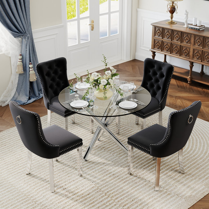 Ensemble de salle à manger à piédestal rond 5 pièces avec chaise capitonnée en velours pour salle à manger et salon, Noir