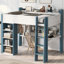 Lit mezzanine en bois avec tablettes de rangement intégrées, portemanteaux et bureau-24510497