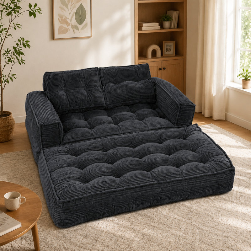 Canapé-lit convertible en velours côtelé de 130 cm (51,18 po), canapé de sol pliable 2 en 1 sans os, causeuse rembourrée avec accoudoirs