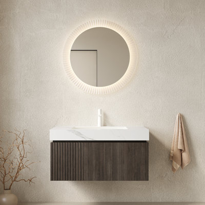 Meuble-lavabo de salle de bain de 30 po MURI, armoire de rangement flottante en contreplaqué avec tiroir et porte, plateau en pierre frittée blanc de Carrare et lavabo en céramique avec 1 trou de robinet pré-percé, pré-assemblé, grain de bois espresso