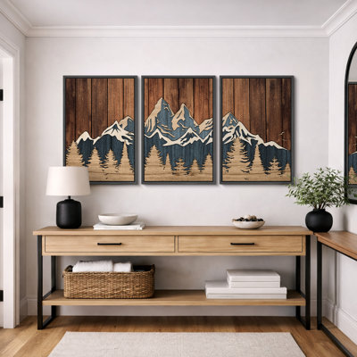 «Western Wood Effect Landscape», œuvre d'art de la forêt de montagne abstraite brune, images murales de cabane de ferme rustique, ensemble de 3 impressions sur toile encadrées