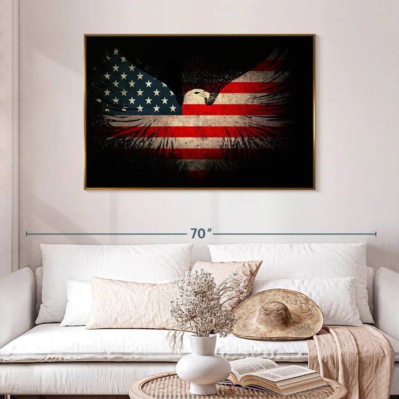 Aigle américain et drapeau, 46 po x 31 po, Cadre flottant doré