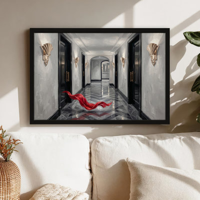 Art mural sur toile noir encadré pour le salon, la chambre à coucher, le bureau ou le vestibule - décoration murale décorative avec foulard rouge