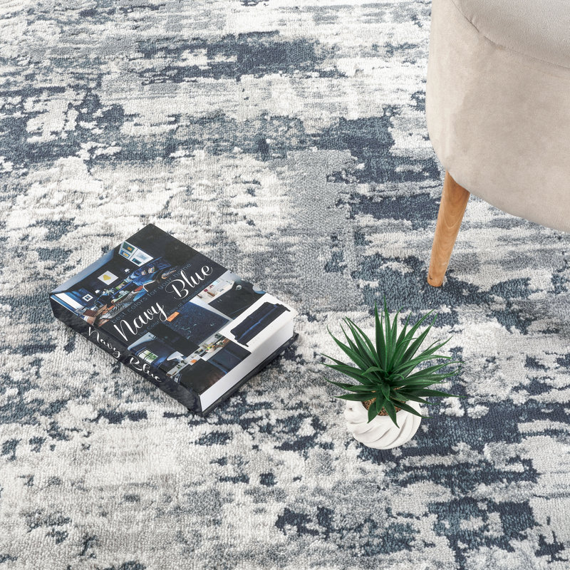Andrew Blue & Gray Abstract High-Low Modern Rug, Blue/Gray, 2'7" x 10'0"