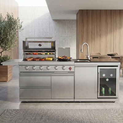 84" Outdoor Kitchen Island with 6-Burner Gas Grill (75300 BTU), Built-in Refrigerator & Sink, Convertible Liquid Propane/Natural Gas