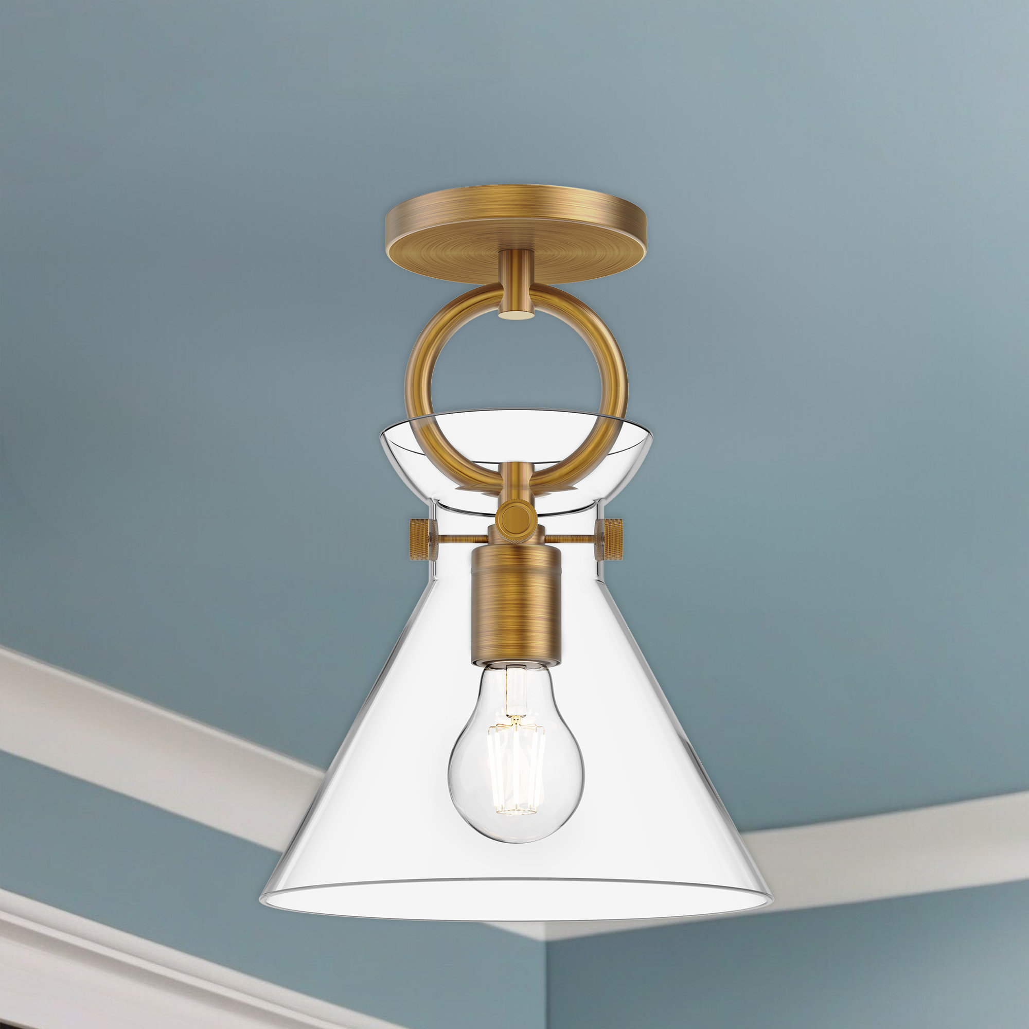 Tiney Single Light Glass Semi Flush Mount, Aged Gold, Clear