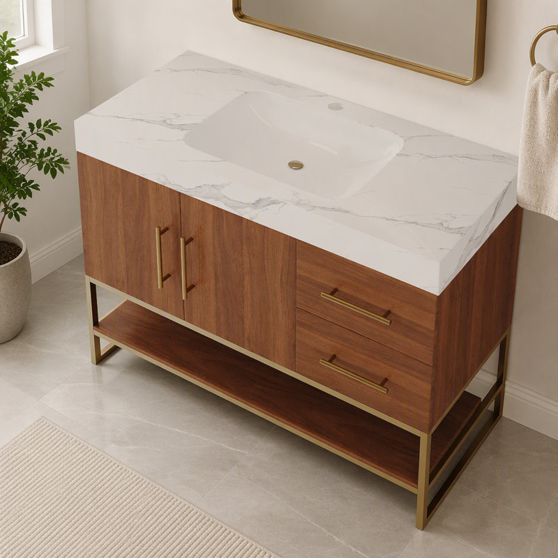 Meuble-lavabo autoportant moderne 36 po avec lavabo en céramique sans soudure et plateau en pierre frittée, Walnut, Blanc