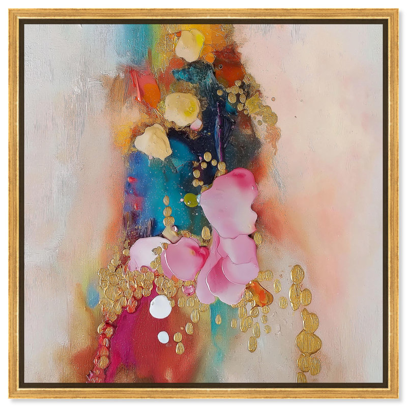 «Explosive Rhythm II», toile abstraite colorée par , H 13 po x l 13 po, Cadre flottant doré