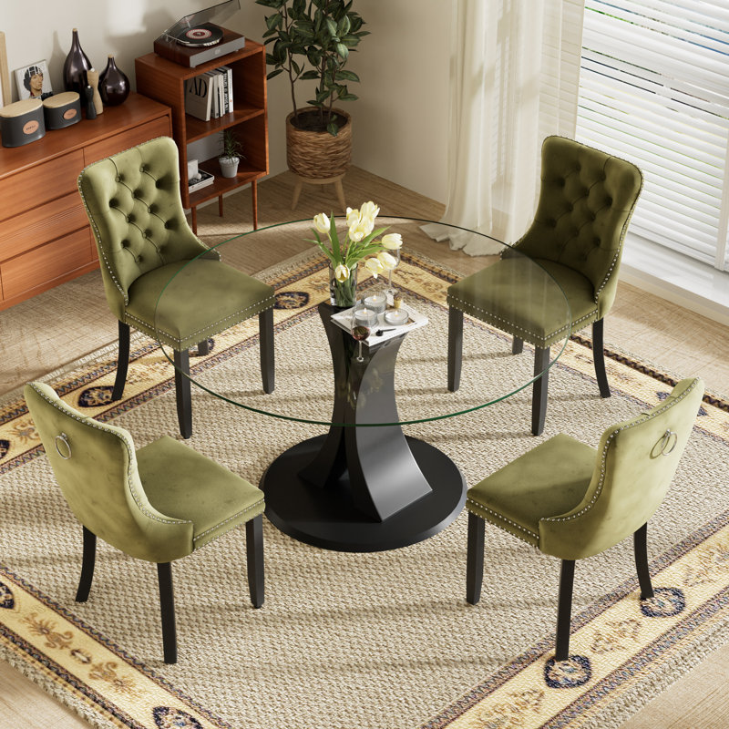 Ensemble de salle à manger 4 pièces, 29.5" H x 47" W x 47" D, Clair, Vert olive