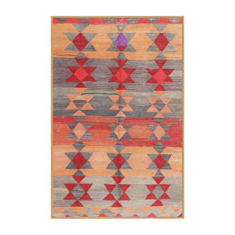 Tapis contemporain rouge / gris / safran, Rectangle 5 pi x 7 pi