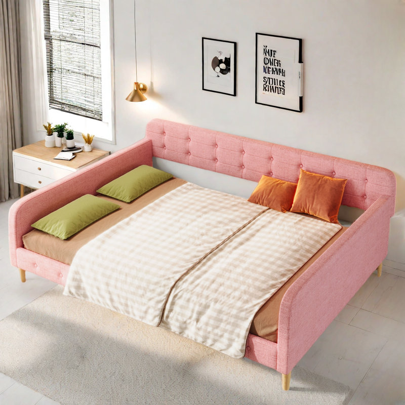 Upholstered Daybed With 4 Support Legs, Pink