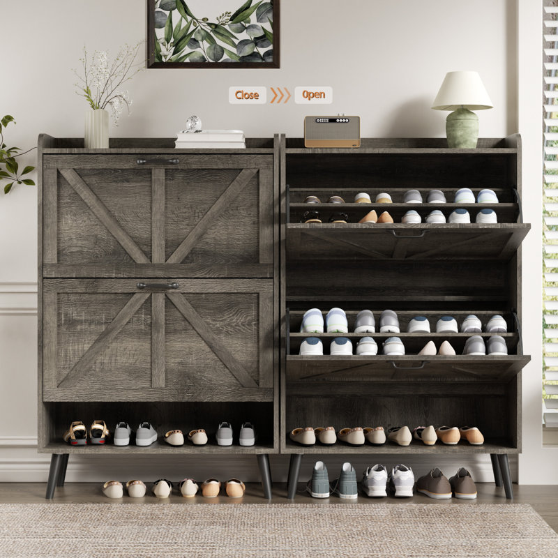 16 Pair Shoe Storage Cabinet With 2 Flip Drawers, Freestanding Farmhouse Shoe Organizer Cabinet, Washed Gray