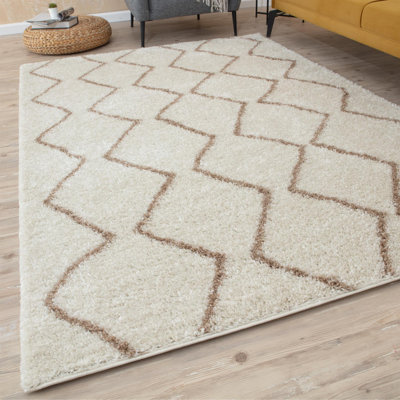 Moroccan Shaggy Collection Rugs Boho Design in Ivory/Beige
