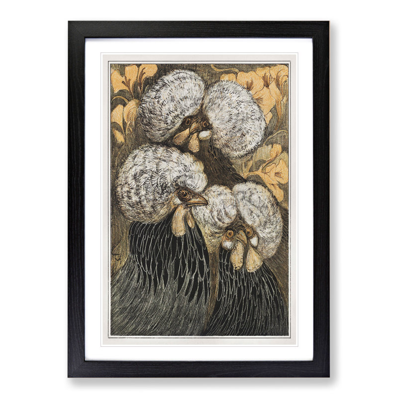 Three Crested Chickens by Theo Van Hoytema - Picture Frame Painting, Black, 48cm H x 36cm W x 2cm D