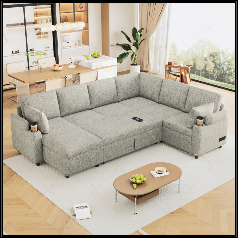 Canapé-lit modulaire en U de 109,9 pouces avec rangement, porte-gobelets et ports de recharge pour les salons modernes