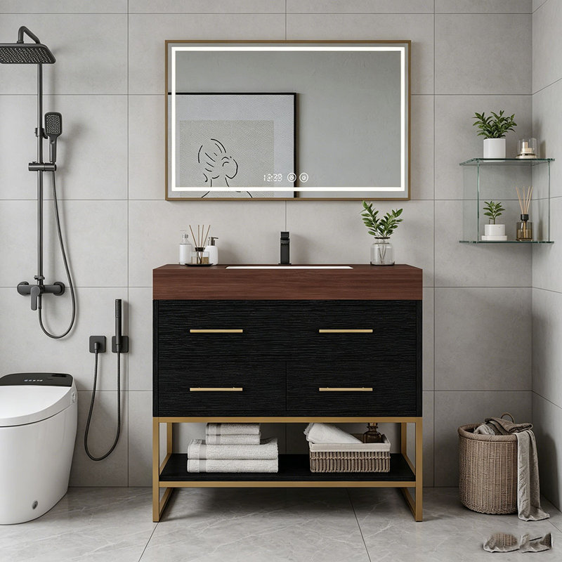 Meuble-lavabo de 36 po en pierre artificielle avec lavabo en céramique, meuble-lavabo moderne avec tiroirs à fermeture en douceur et tablettes ouvertes, meuble-lavabo autoportant avec pieds en acier inoxydable et grand espace