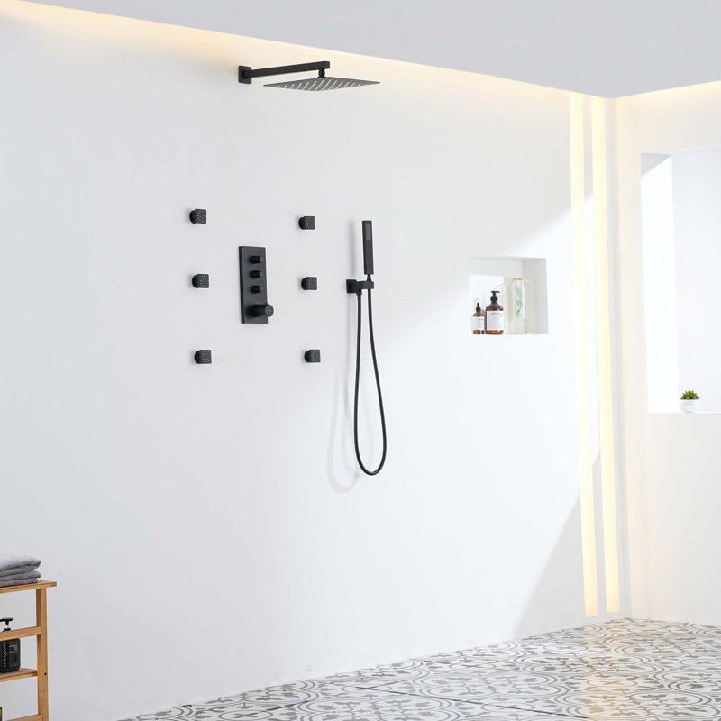 3 Functions 12" Wall Mount Thermostatic Shower System, Black