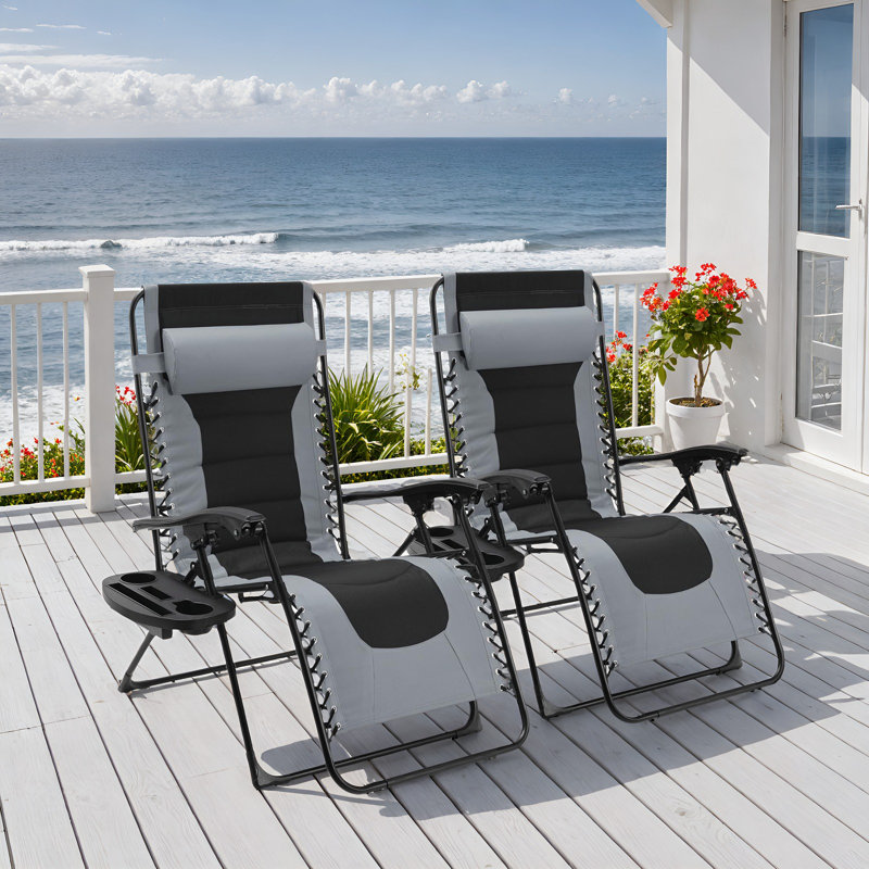 Padded Zero Gravity Chair, Set Of 2 Foldable Outdoor Patio Recliner, Anti Gravity Adjustable Lounger W/removable Pillows And Cup Holder Side Tables, 350 Lbs,  