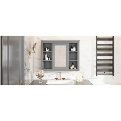 Armoire murale grise pour salle de bain avec miroir, 35 po x 27,5 po, rangement dissimulé, poignée rétro montée sur matériaux, nombreuses tablettes,