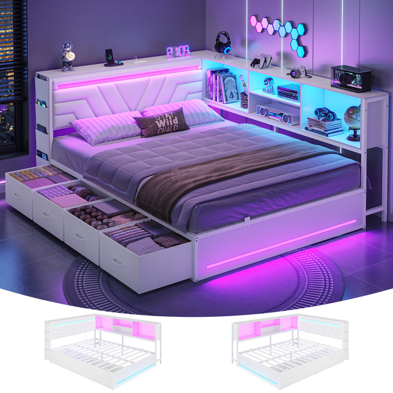 Structure de lit de grand lit de coin avec bibliothèque de rangement, 4 tiroirs et station de charge, lits de jeu avec lumières à DEL RVB et tête de lit tapissier, cadres de lit plateforme de style Esports pour adolescent / adulte, blanc