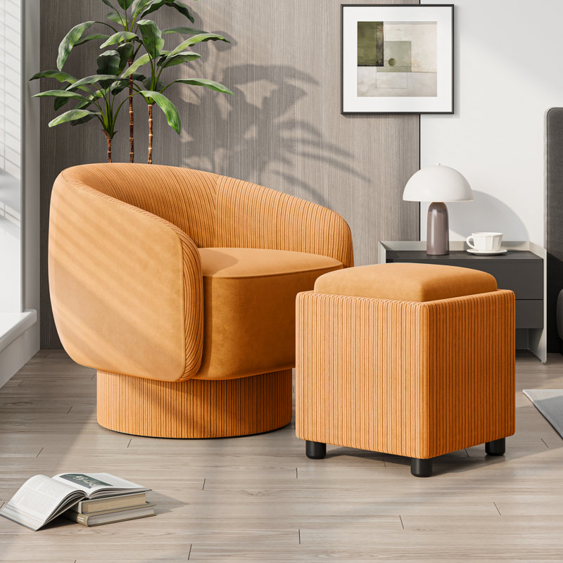 Fauteuil demi-tonneau pivotant avec repose-pieds en velours de 27,6 po de largeur Leticha, Velours orange