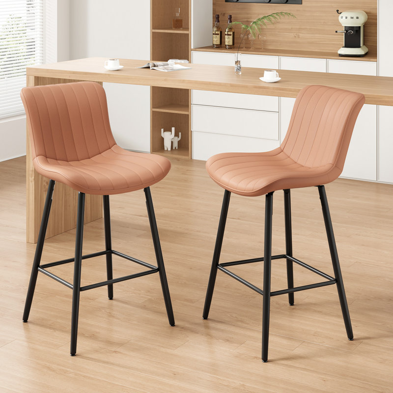 Brown Faux Leather Dining Table Counter Height Stools Of 2, Metal Legs, Comfortable Seating, Easy To Assemble, For Coffee Shops Mid Century Chairs Assembly,