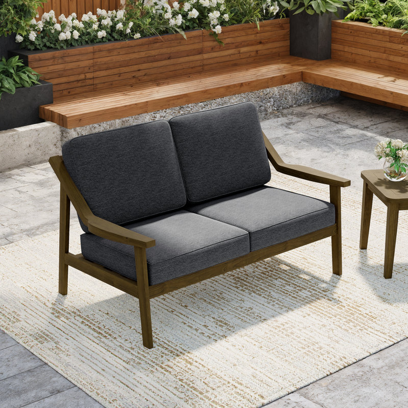 Marlo Solid Wood Teak Outdoor Loveseat With Cushion And Arms, Brown, Dark Gray