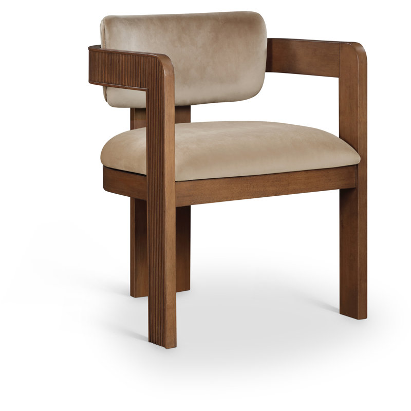 Sacha Frink Upholstered Dining Arm Chair, Beige Velvet, Brown Walnut