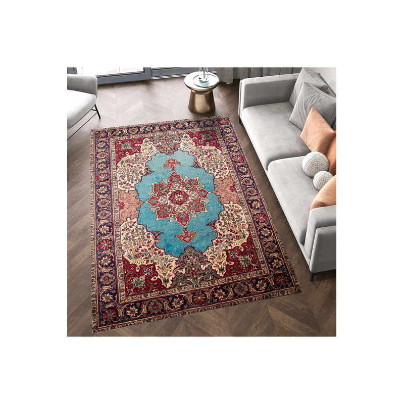 Tapis décoratif lavable à la machine moderne multicolore à motif tissé bleu, Rectangle 3 pi 3 po x 4 pi 11 po
