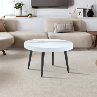 Magnifique table d'entrée à motif en marbre blanc, diamètre de 23,6 po, plateau de table épais, moulé par aspiration, pieds en métal noir, plateau rond exquis, processus de moulage, support, pieds réglables pour plus de stabilité