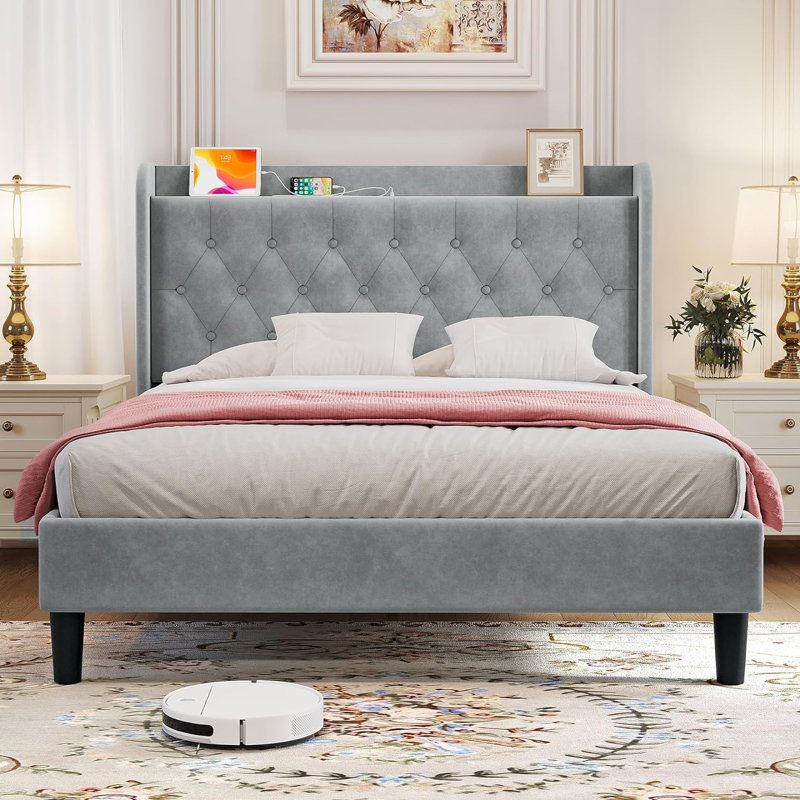 Velvet Tufted Upholstered Platform Bed with Charging Station (Light Gray, Queen Size), Light Gray, Queen