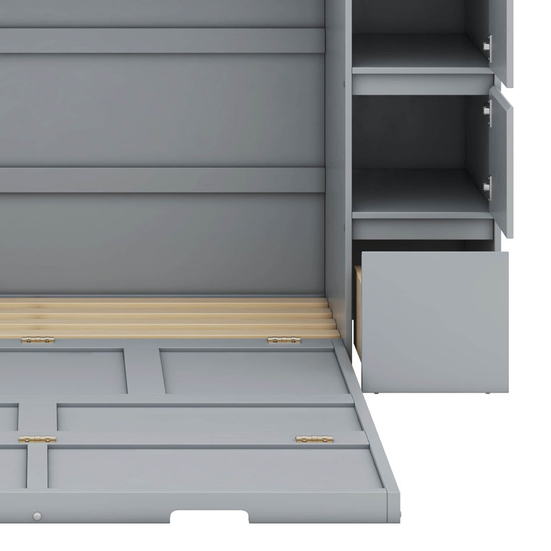 Gray Full Murphy Bed with Drawers, Cabinets, and USB Ports