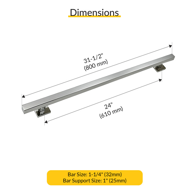 Brixwell SGB24PS Straight Square Grab Bar, 31-1/2" Length, 24" Mounting Center To Center, Polished Stainless Finish