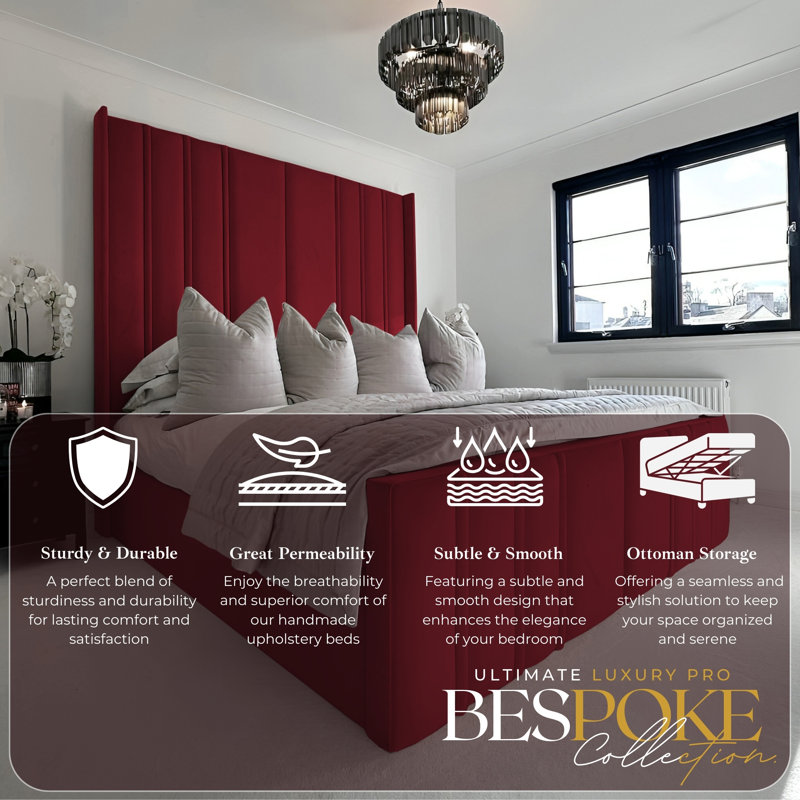 Ottoman Upholstered Bed - Moondift Plush Velvet Gas Lift Storage with Headboard, Burgundy, 142 x 162 x 213 cm