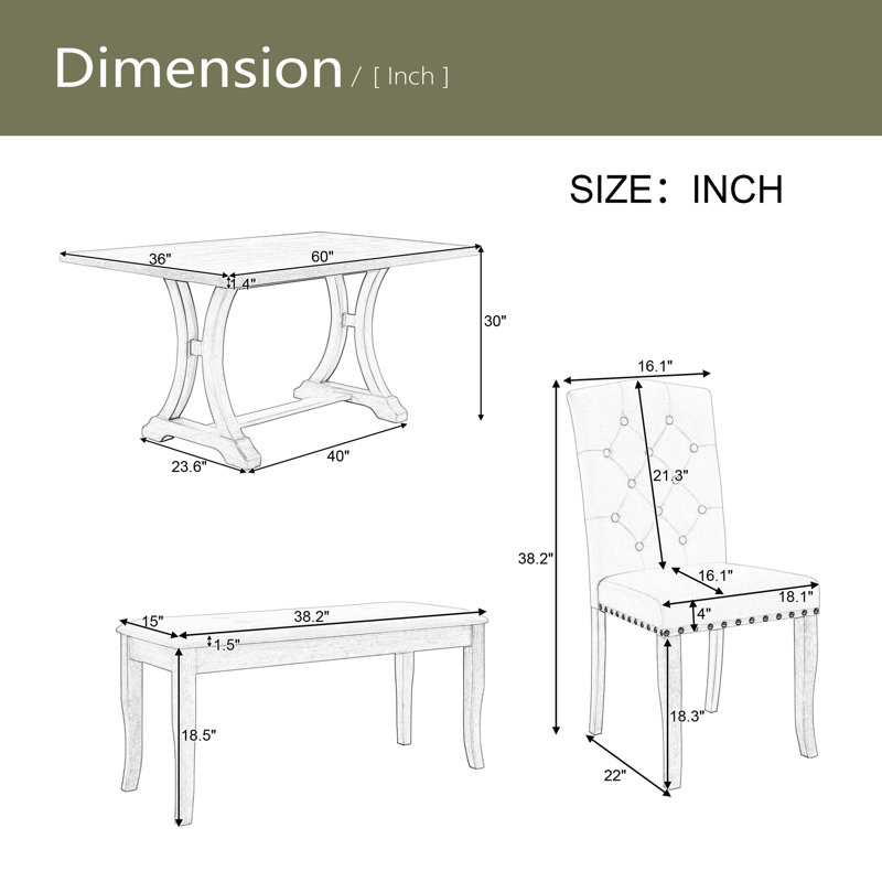 Ensemble de table de salle à manger 6 pièces, table à tréteaux rectangulaire et 4 chaises et banc rembourrés, Gris antique