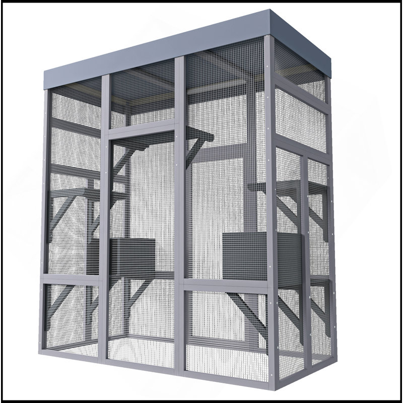 Cage d'extérieur en bois 62,6 po pour chats, grande enceinte pour chat avec toit imperméable, 2 maisons pour la sieste, plateformes et fil antirouille - Cage pour animaux sécurisée pour la cour ou le patio