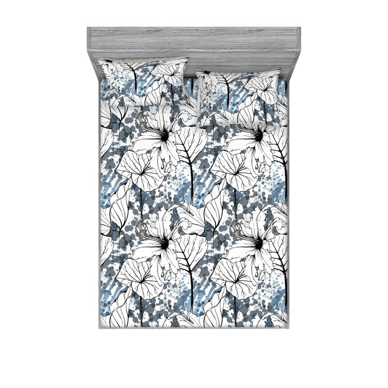 Ambesonne Fitted Sheet & Shams 3 Pcs Spring White Asters Calking Pistachio Green Mustard, White Charcoal Grey Grey Floral