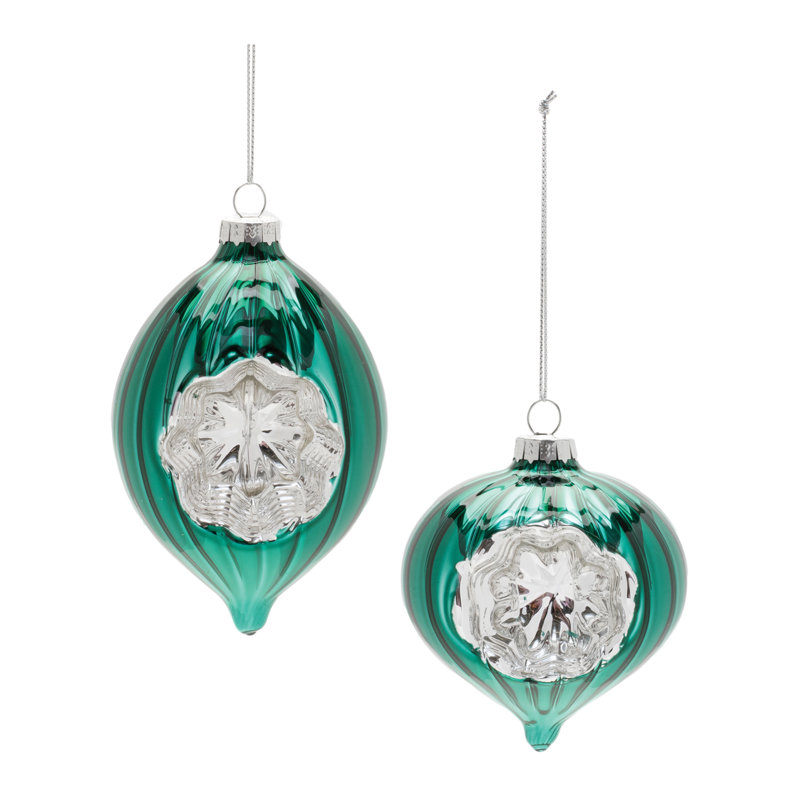 Ornements réfléchissants en verre vert, Vert / Argent
