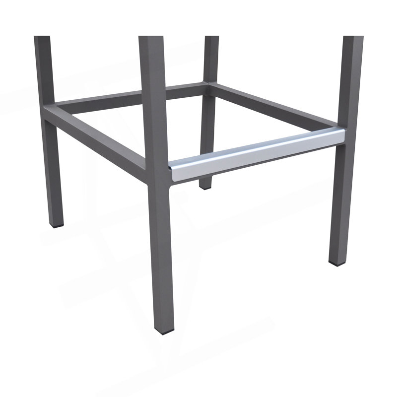 Tabouret de bar d'extérieur Noverra en finition thermolaquée grise avec accoudoirs en textilène gris et bois gris