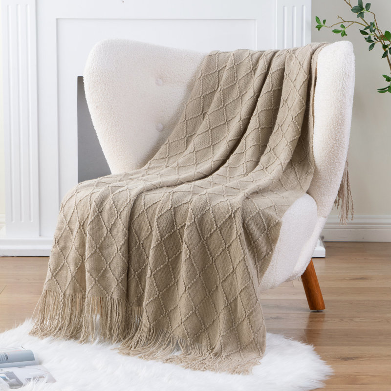  Couverture tricotée à motif de losanges, jeté de style bohème avec pampilles pour la maison, le canapé, le lit et le salon