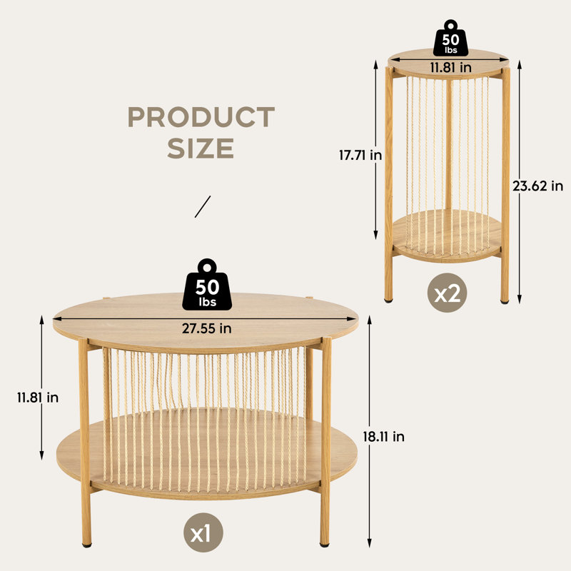 Bradham Boho Natural Fiber Rope Coffee Table Set, Brown