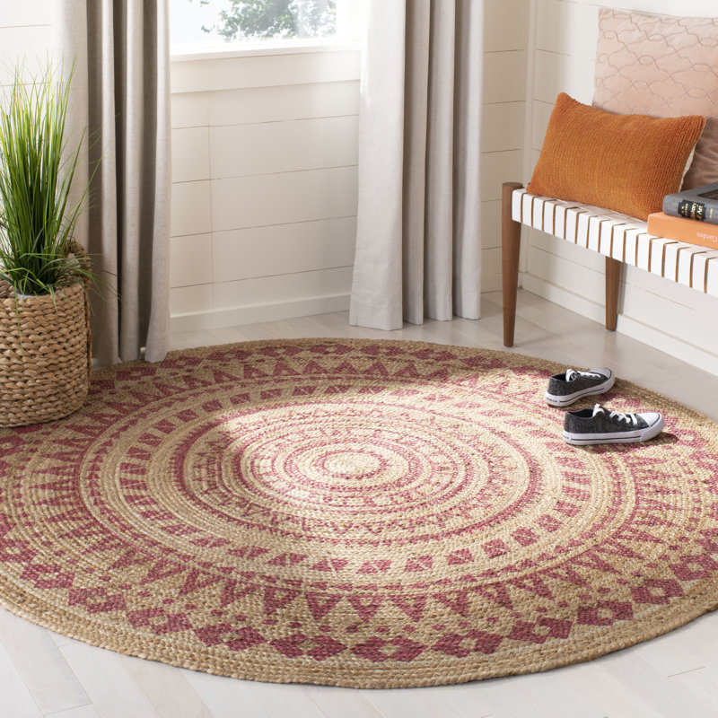 Tapis à motif Sud-Ouest tissé à plat à la main naturel rose Round Devaughn, Rond 8 pi x 8 pi