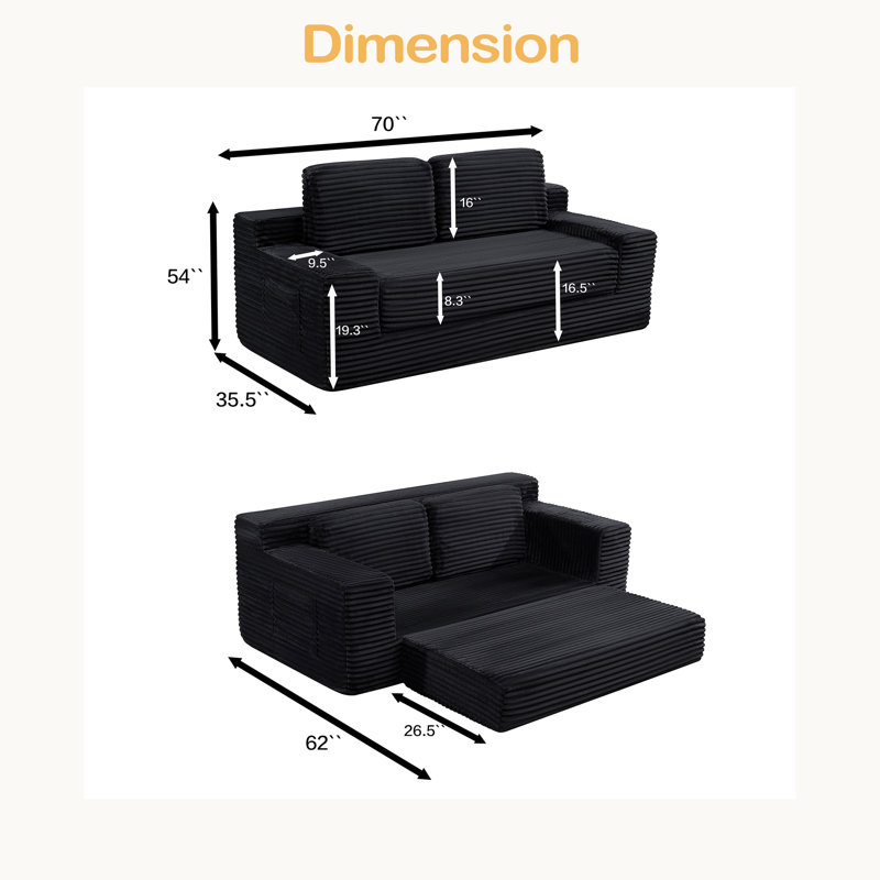 Canapé double Corduroy Cloud, canapé-lit convertible 2-en-1, canapé double confortable sans os, Noir