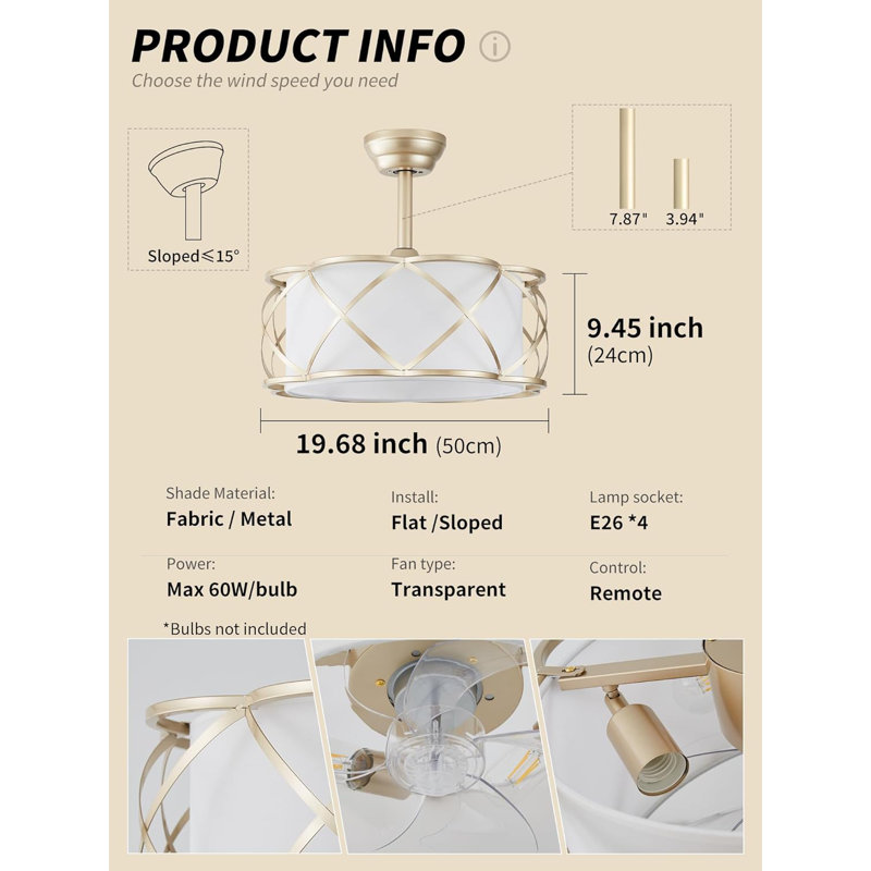 Gold Boho Chandelier Ceiling Fan With Light And Remote Control, 6-Speed Reversible Motor, Fabric Drum Shade For Bedroom, Living Room, Nursery - Mid-Century Modern Design