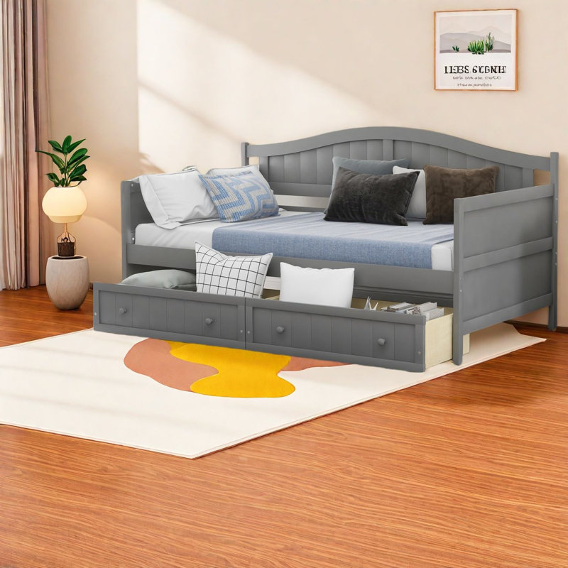 Lit de jour en bois gris peu encombrant avec tiroirs de rangement, design moderne pour la maison