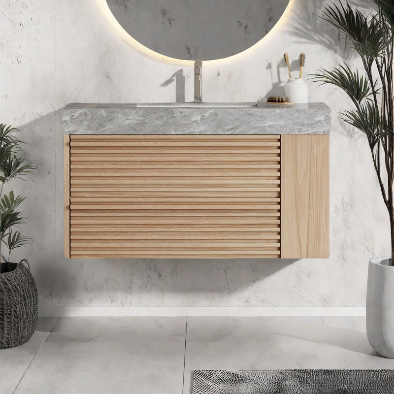 Meuble-lavabo flottant avec tiroirs et tablettes ouvertes 36 po, bois clair, Bois clair