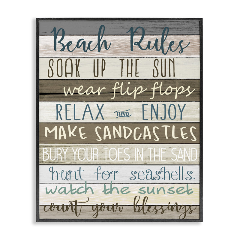 «Nautical Fun Beach Rules List Rustic Boardwalk» par Kim Allen - impression d'art textuel, Giclée encadrée noir minuit